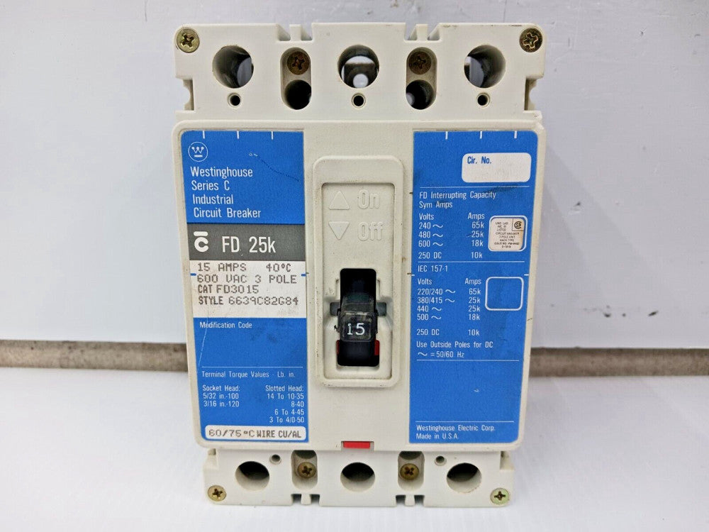 WESTINGHOUSE 15 AMP CIRCUIT BREAKER 3 POLE 600 VAC 25kA FD3015