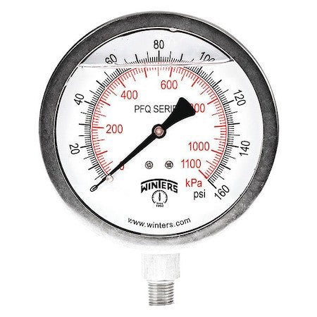 Winters Pfq772-Dry Industrial Pressure Gauge, 0 To 160 Psi, 4 In Dial, 1/4 In