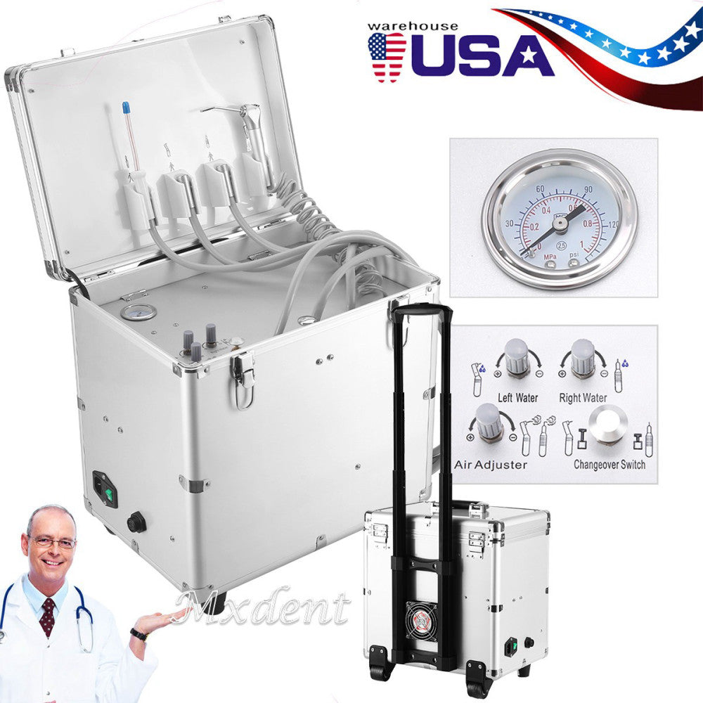 Portable Dental Mobile Unit Cart Case Wheels + Suction +Air Compressor BD-402A
