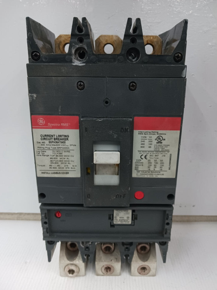 GE 400 AMP CIRCUIT BREAKER 3 POLE 600 VAC SGPA36AT0400 W/ 400 AMP TRIP PLUG