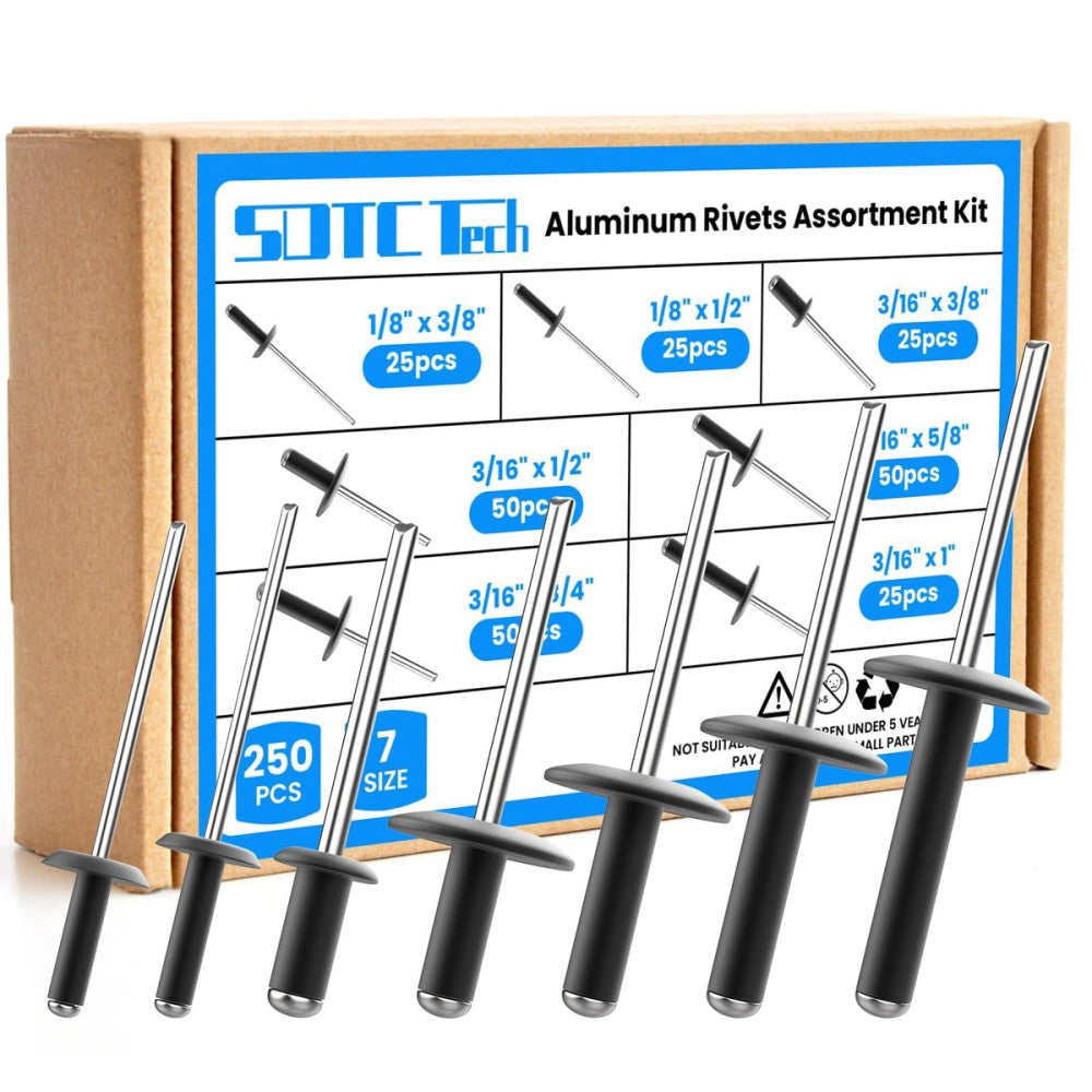 250pcs Black Pop Rivets Assortment Kit, 7 Sizes Large Flange Aluminum Rivets ...