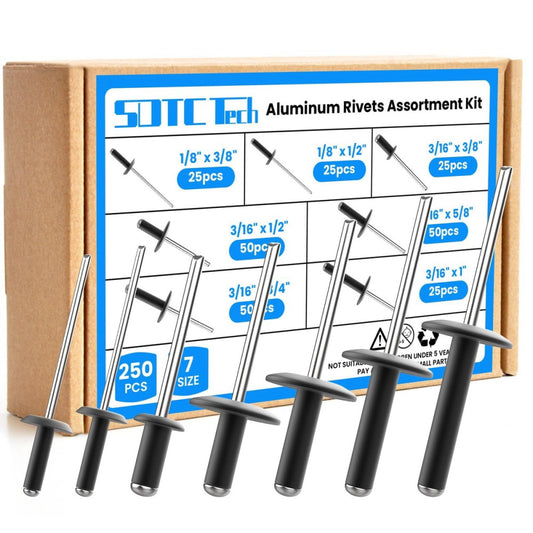 250pcs Black Pop Rivets Assortment Kit, 7 Sizes Large Flange Aluminum Rivets ...