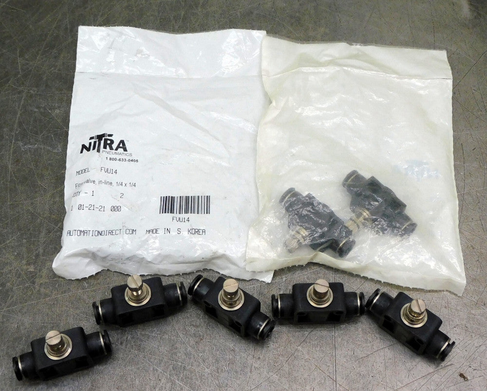 Nitra Pneumatics FVU14 Inline Flow Control Valve 1/4" Tube Lot of Nine (9)