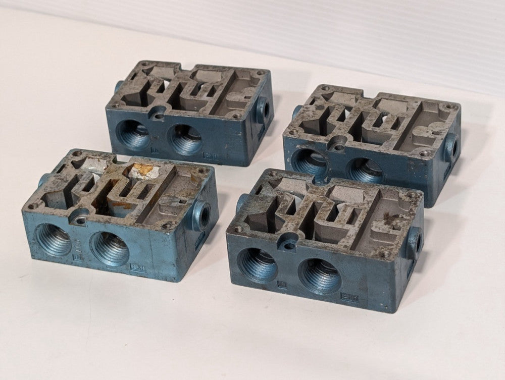 Lot of 4 MAC Valves Manifold Bases, approx. 1-1/4"x2-1/4"x3-1/4", Pre-Owned