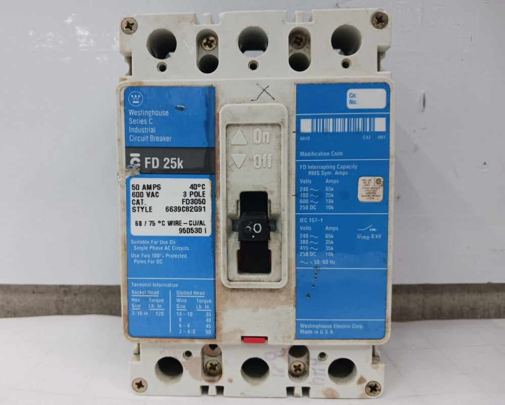 Westinghouse 50 Amp Industrial Circuit Breaker 3 Pole 600 VAC 25kA FD3050