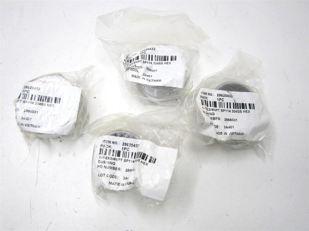 (4HB11/2X3/4) 1-1/2 x 3/4" NPT Hex Bushing Stainless Steel Pipe Fittings - Qty 4
