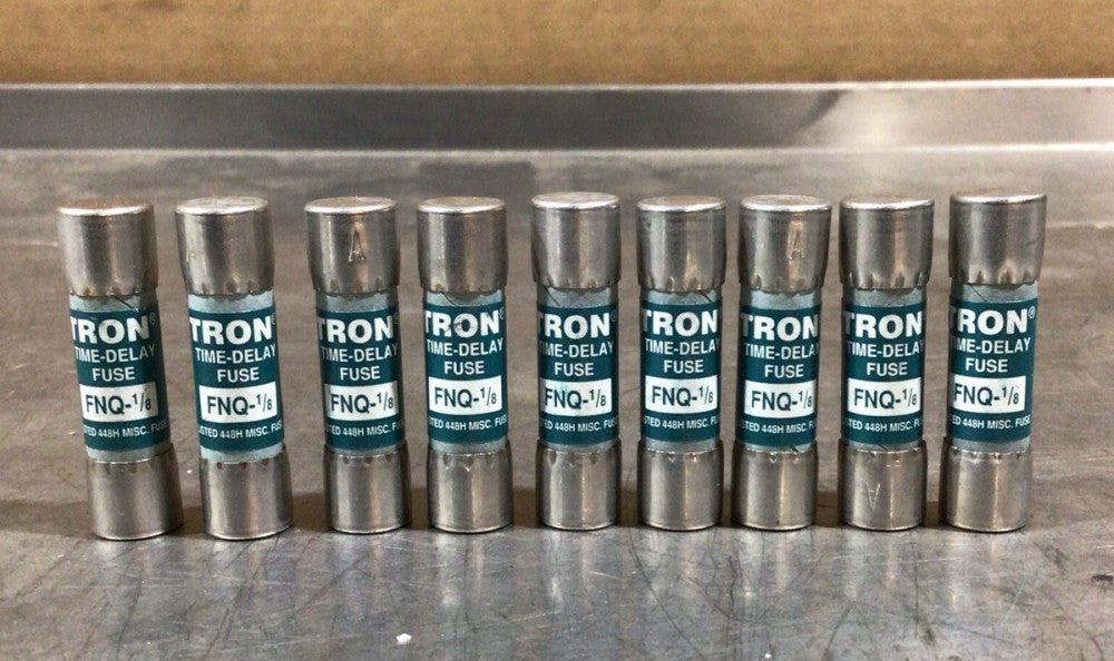 Lot of 9, Bussmann Tron FNQ-1/8 Fuses, 500Vac, Time Delay