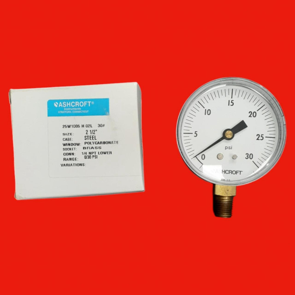 Ashcroft 25W1005H02L 2.5" 1005 Series 0-30" Vacuum Gauge w/ PowerFlex (1/4" Bott