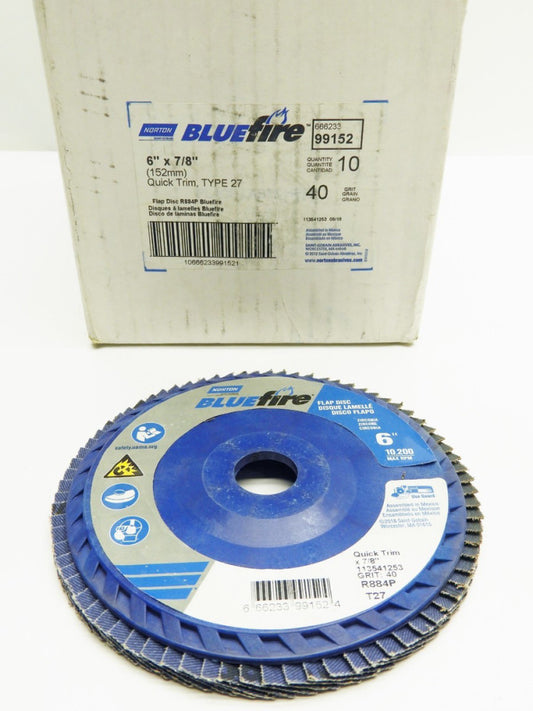 (Lot of 10) Norton 99152 Bluefire 40 Grit Flat Disc R884P 6" x 7/8" Type 27