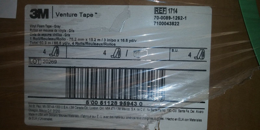 (1 CASE OF 4) NEW 3M Venture Tape Vinyl Foam Tape 3 in x 50 ft, 250 mil, 4 rolls