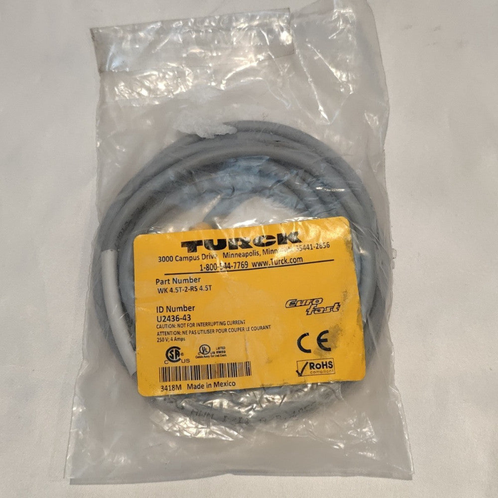 TURCK WK 4.5T-2-RS 4.5T, M12 Eurofast Cordset, 2 Meters, Straight Female & Male