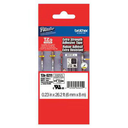 Brother Tzes211g Adhesive Tz Tape (R) Cartridge 0.23"X26-1/5Ft., Black/White
