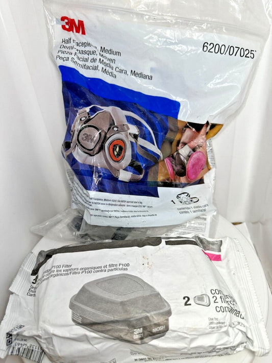 3M 6200/07025 Half Facepiece MEDIUM Respirator + 2-Pack 60921 Filter SET
