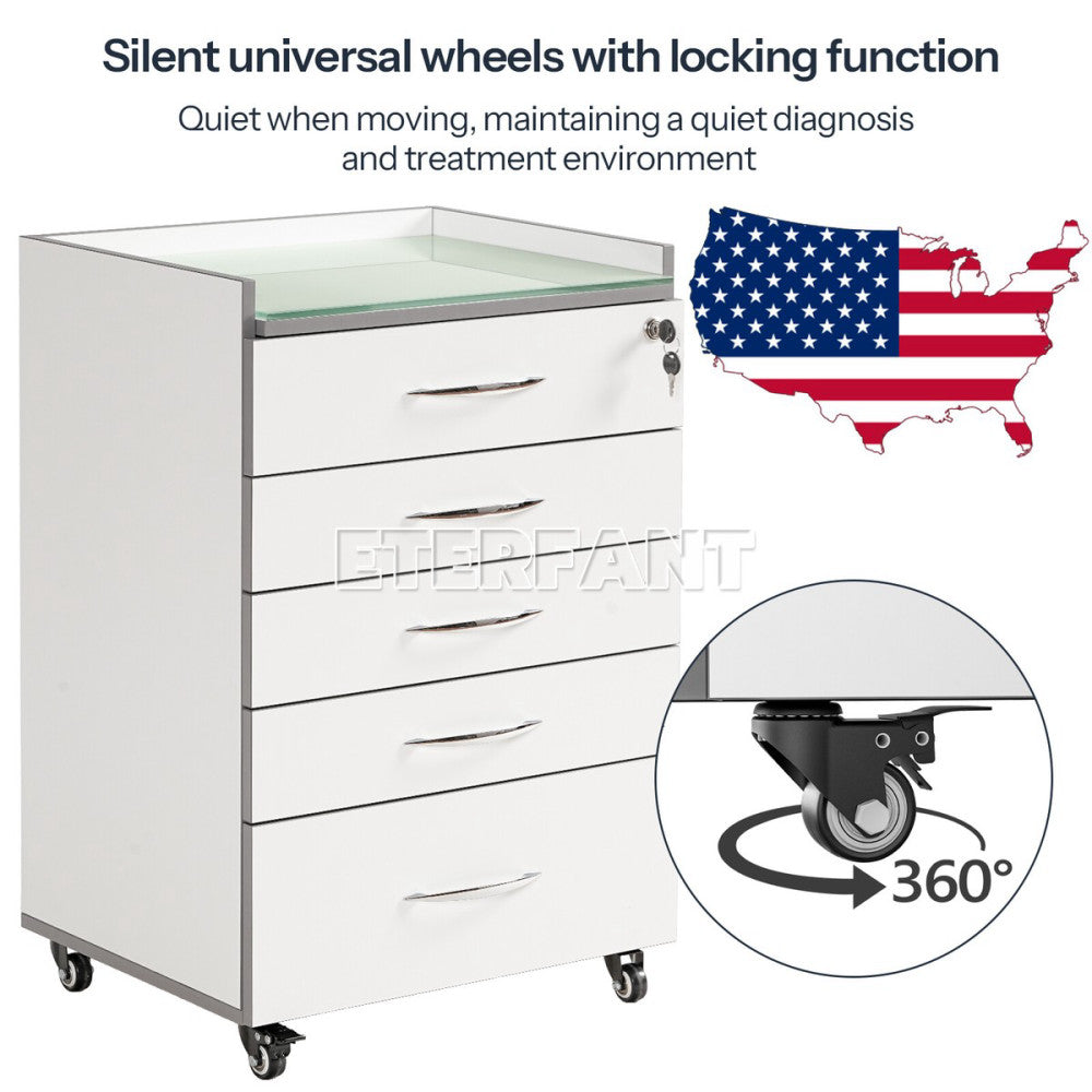 Dental Cabinet Rolling Trolley Wooden Cart with 5Drawers Tempered Glass Tabletop