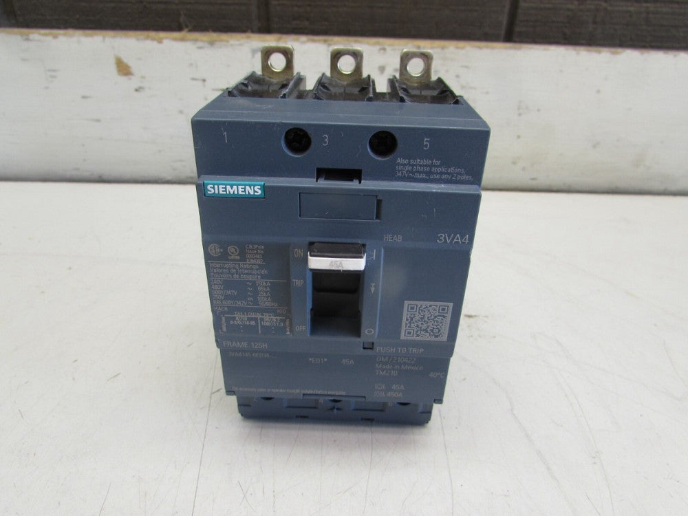 SIEMENS 3VA4145-6ED34-0AA0, CIRCUIT BREAKER,  3P/45A/480V,65kA  MAKE OFFER!