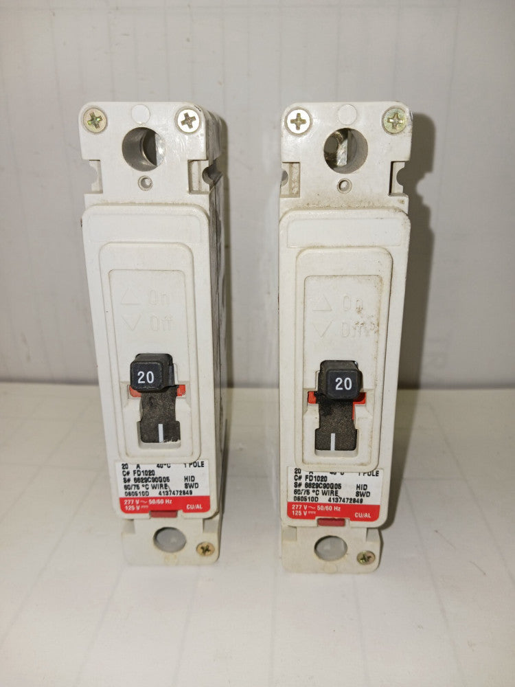 2 CUTLER HAMMER 20 AMP CIRCUIT BREAKER SINGLE POLE 277 VAC FD1020
