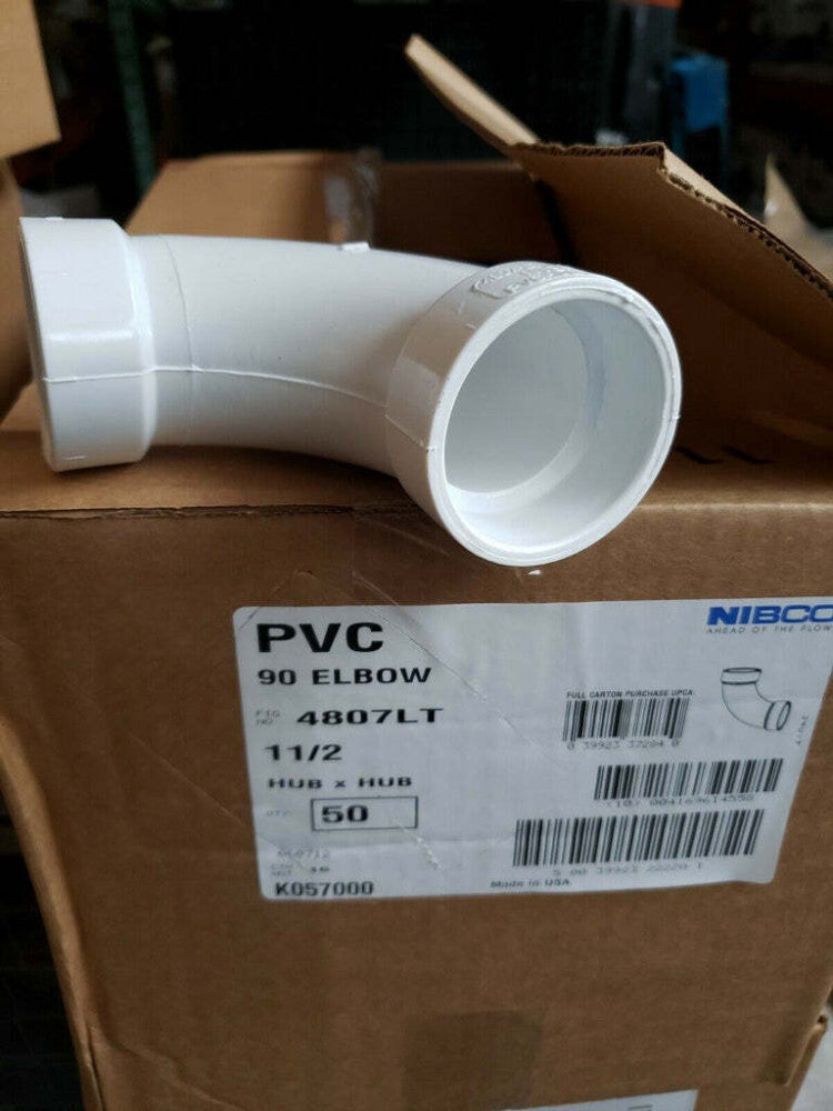 (50/CASE) Nibco PVC DWV Pipe Fitting, 90 Degree Elbow, 1-1/2" Hub 4807-LT Series