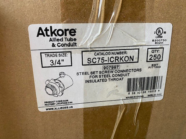 (250 PACK) KONKORE SC75-ICRKON 3/4" EMT SET SCREW CONNECTOR W/ INSULATED THROAT