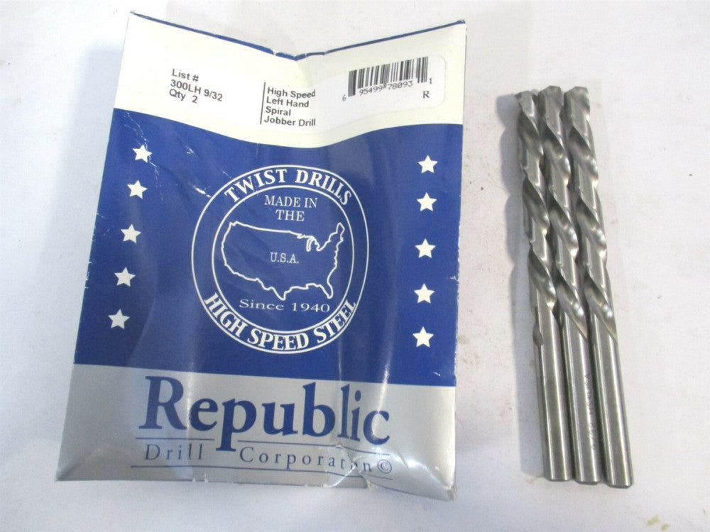 Republic Drill Corporation (300LH) 9/32" HSS LH Spiral Jobber Drill Bit - Qty 3