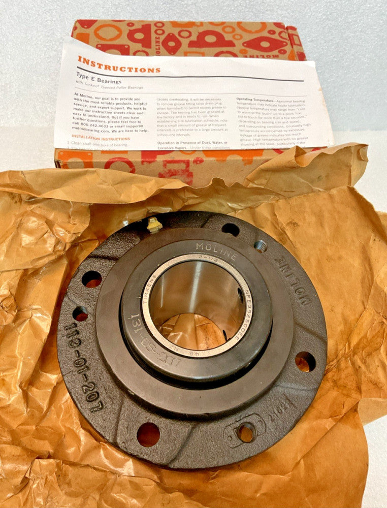 Moline E 2.5" Piloted Flange Bearing 113-01-207 w/ Timken Tapered Roller Bearing