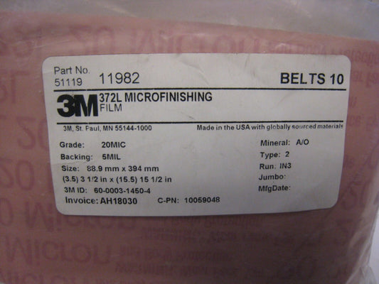 10 PCS. 3M 372L MICROFINISHING SANDING BELT #11982 3-1/2" x 15-1/2"  20MIC A/O 