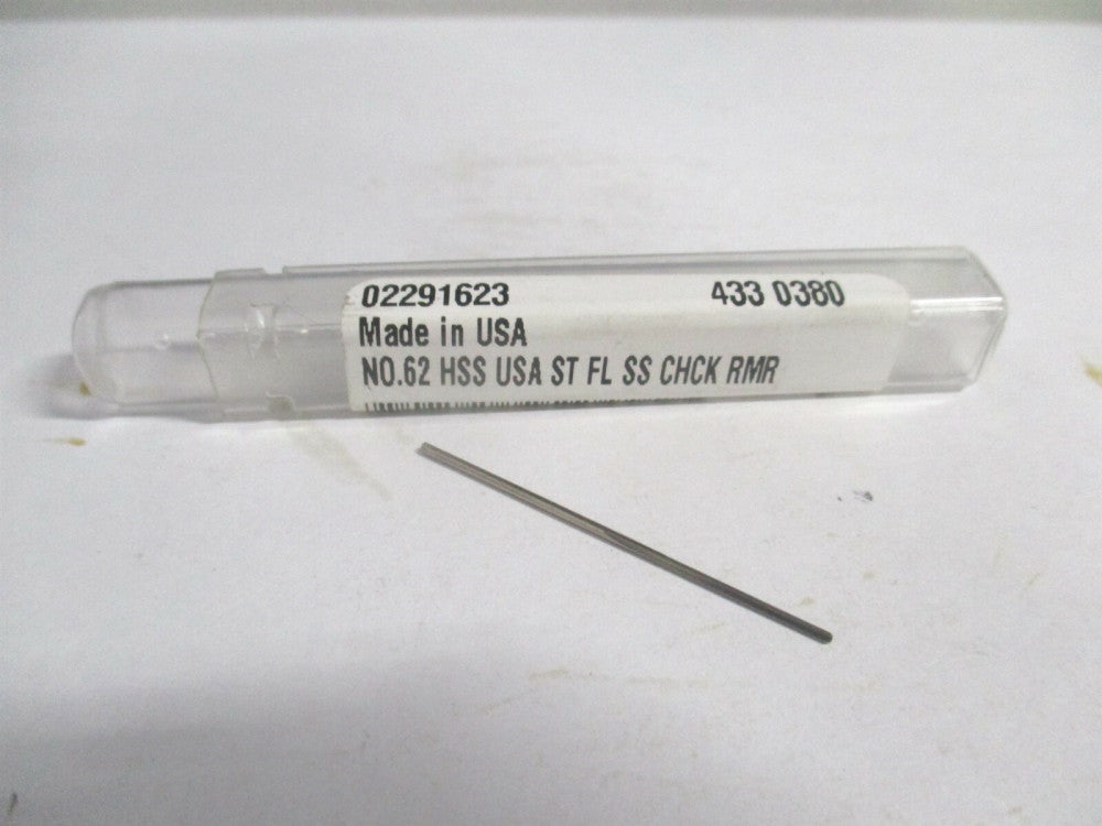 (433-0.0380) #62 1/2" x 1-1/2" OAL Straight Shank HSS 3-Flute Chucking Reamer 
