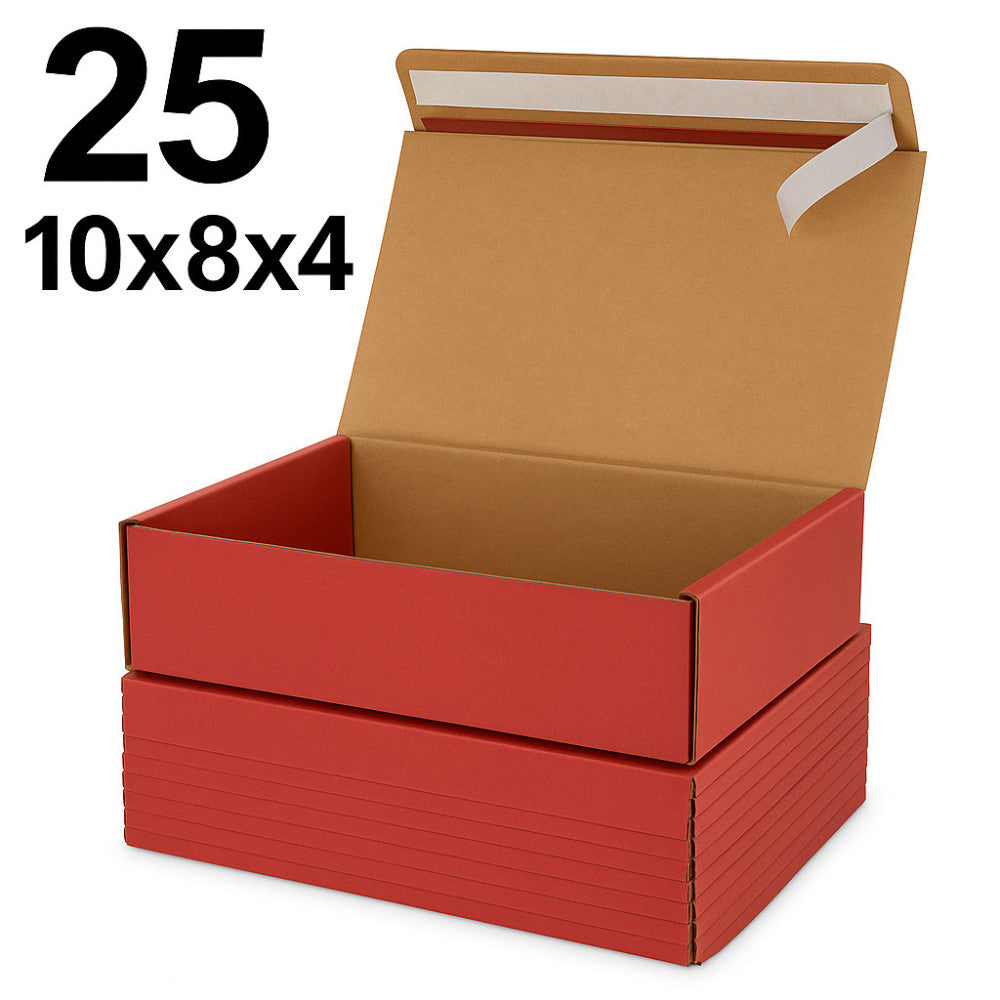 25 Red Shipping Boxes 10x8x4 | Self-Seal Folding Mailers – No Tape Needed