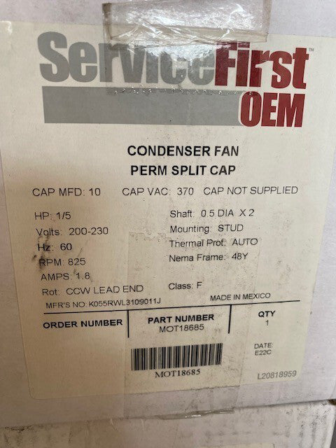 MOT18685 Trane 1/5Hp 200-230V 825Rpm 48 Motor OEM MOT18685 (NEW)