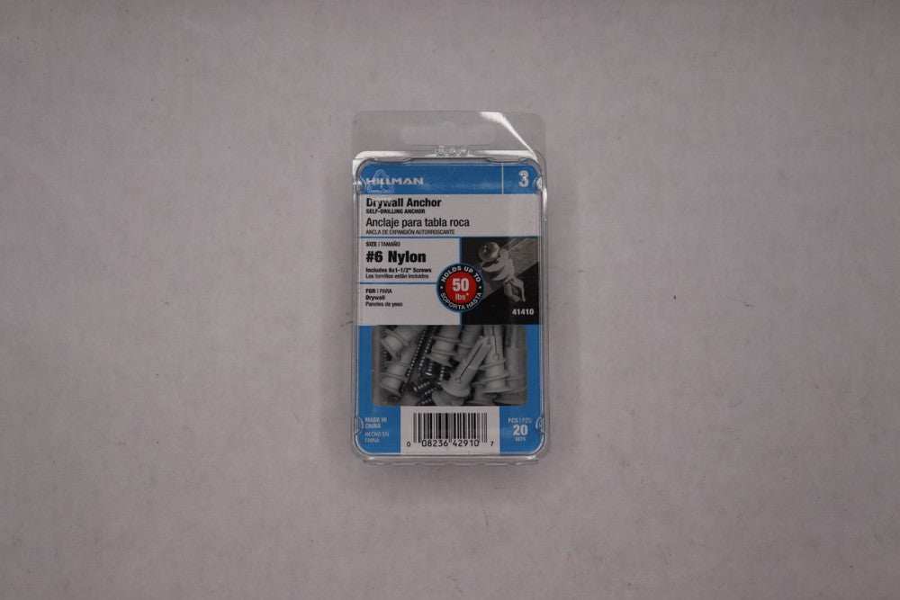 (20-Pk) Hillman Drywall Anchor with Screws Set Nylon #6 x 1-1/2" 41410