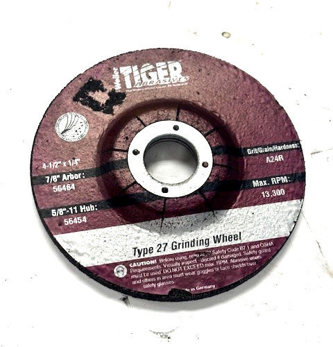 WEILER TIGER ABRASIVE 4-1/2" X 1/4" A24R TYPE 27 GRINDING WHEEL