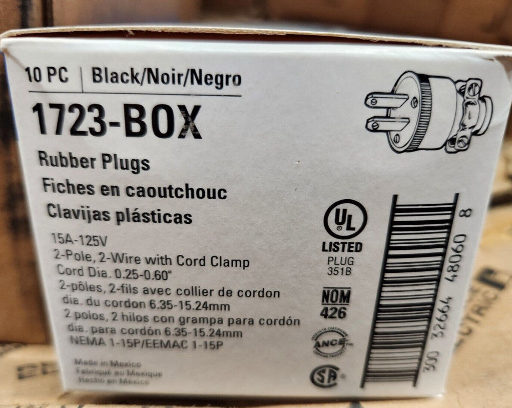 EATON 2 Wire Round Rubber Plug w/Cord Clamp Black 15A-125V 1723-Box (10 Pak) NEW