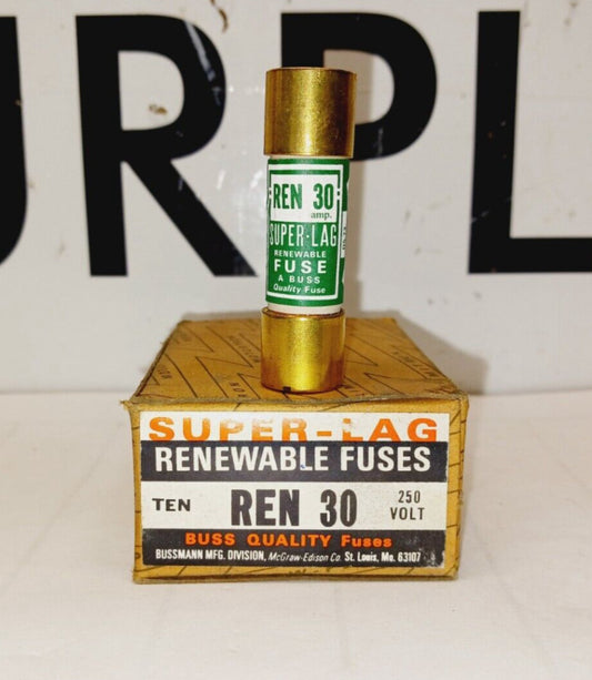 10 NEW SUPER-LAG REN-30 30 AMP RENEWABLE FUSES 250 VAC