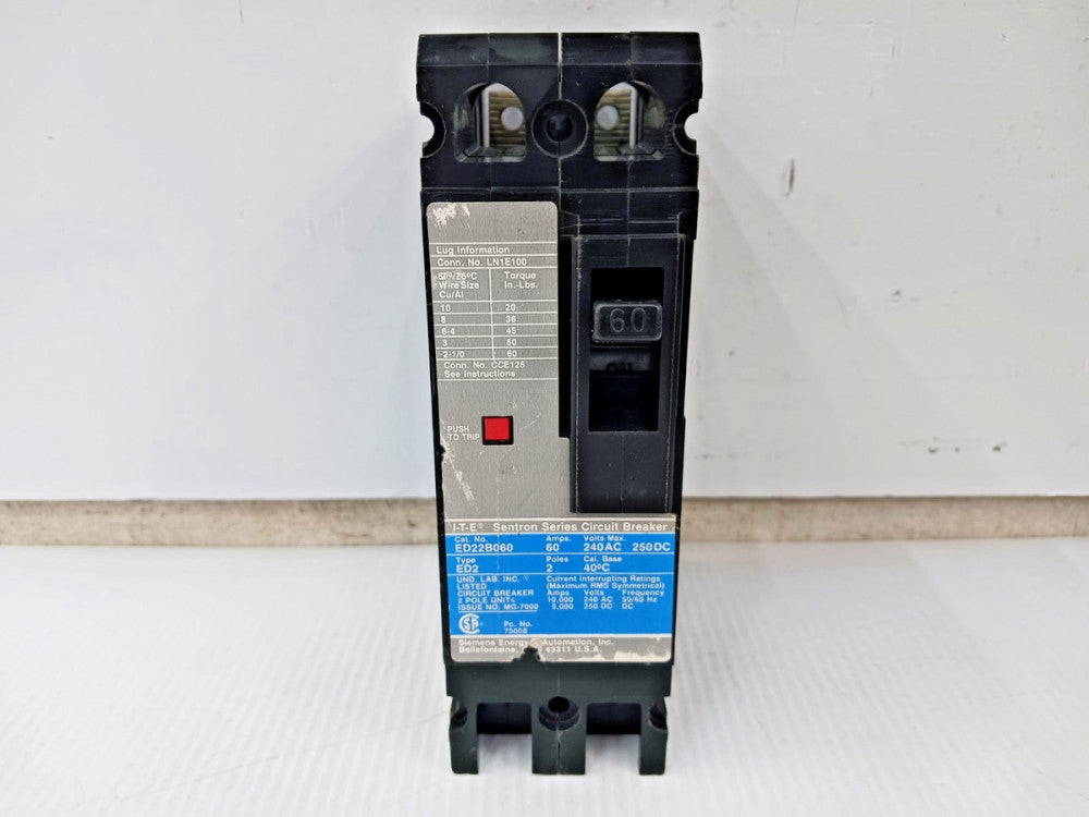 ITE Sentron 60 Amp Circuit Breaker 2 Pole 240 VAC / 250 VDC 10kA ED22B060