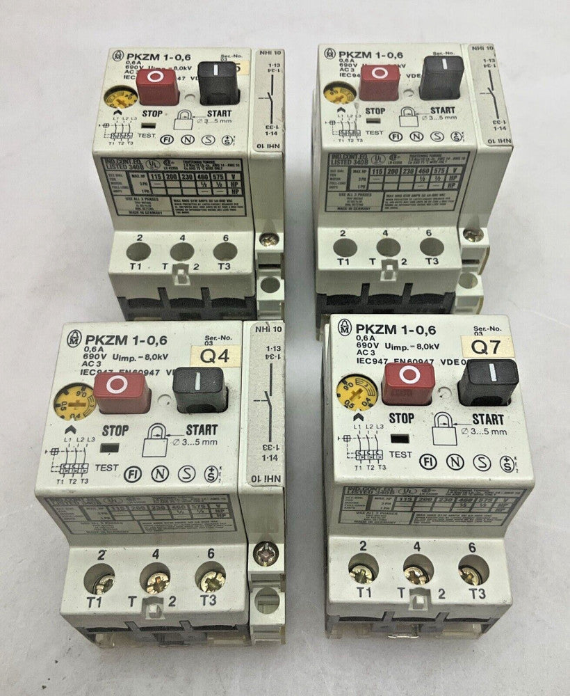 4 Pack Moeller PKZM 1-0,6 Amp 690 Volt Motor Starter/Circuit Breaker Used