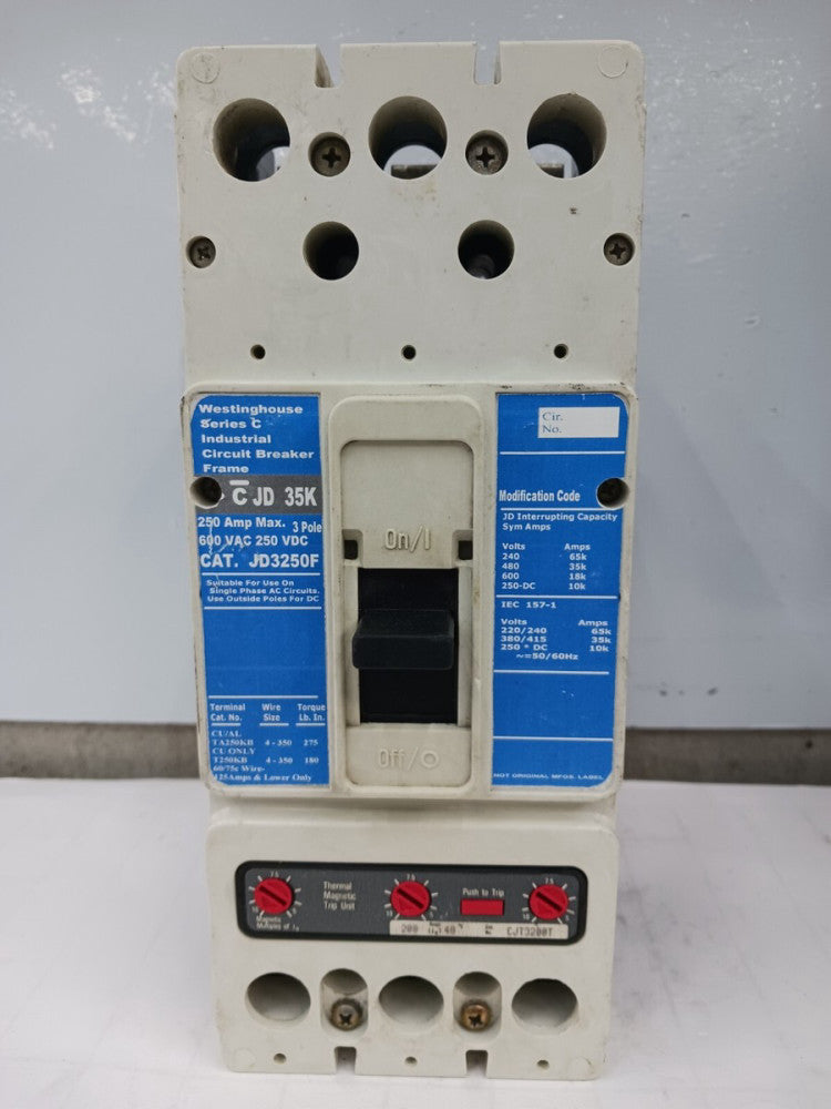 WESTINGHOUSE 250 AMP CIRCUIT BREAKER 3 POLE 600 VAC JD3250F W/ 200 A TRIP (FLAW)