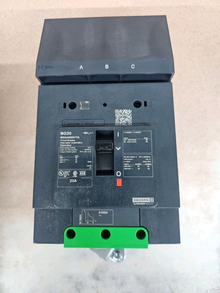 Square D BGA34020YYQ 20 Amp 480Y/277 VAC 3 Pole PowerPact B I-Line Breaker NTO