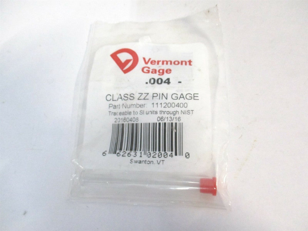 Vermont Gage (111200400) 0.004" Diam 0.000200" Class ZZ Minus Plug & Pin Gage 