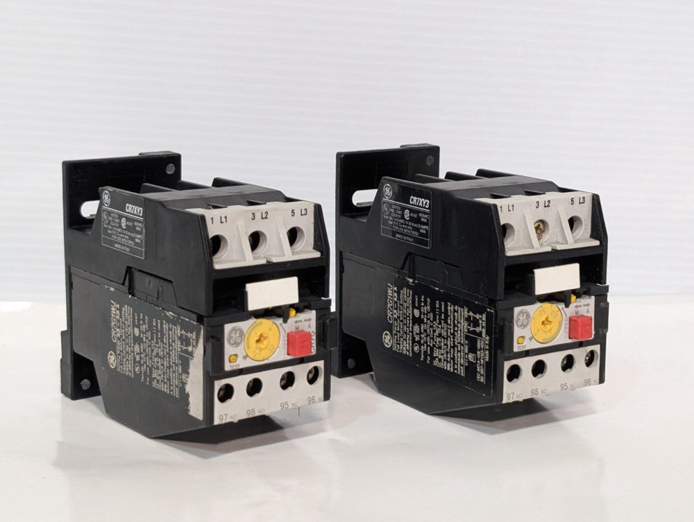 Set of 2 GE CR7XY3, 600 VAC CR7G1WJ, 2.5-4.0 Amp Overload Relays, Pre-Owned