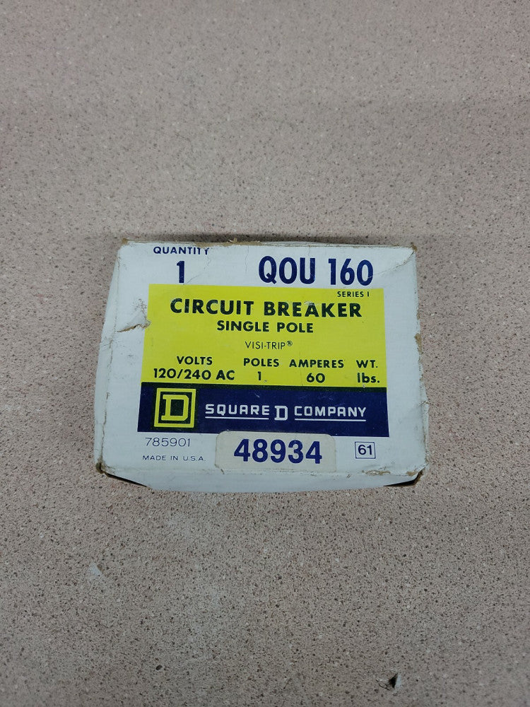 NOS SQUARE D QOU160, 60 Amp 1 Pole 120 Volt Series 1 Circuit Breaker- NEW