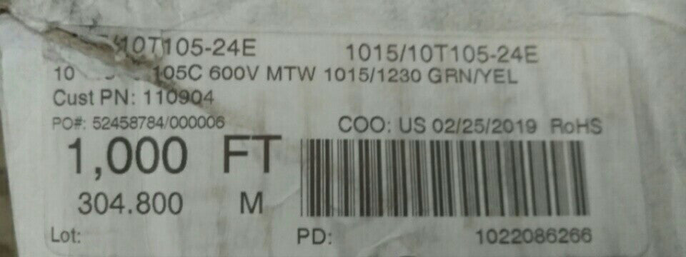 NEW 1015/10T105-24E 105C 600V MTW 1015/1230 GRN/YEL
