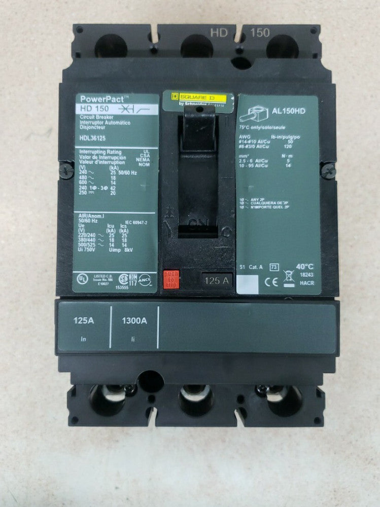 1) New Take Out! Square D PowerPact HDL36125 3 Pole 600V 125A Circuit Breaker