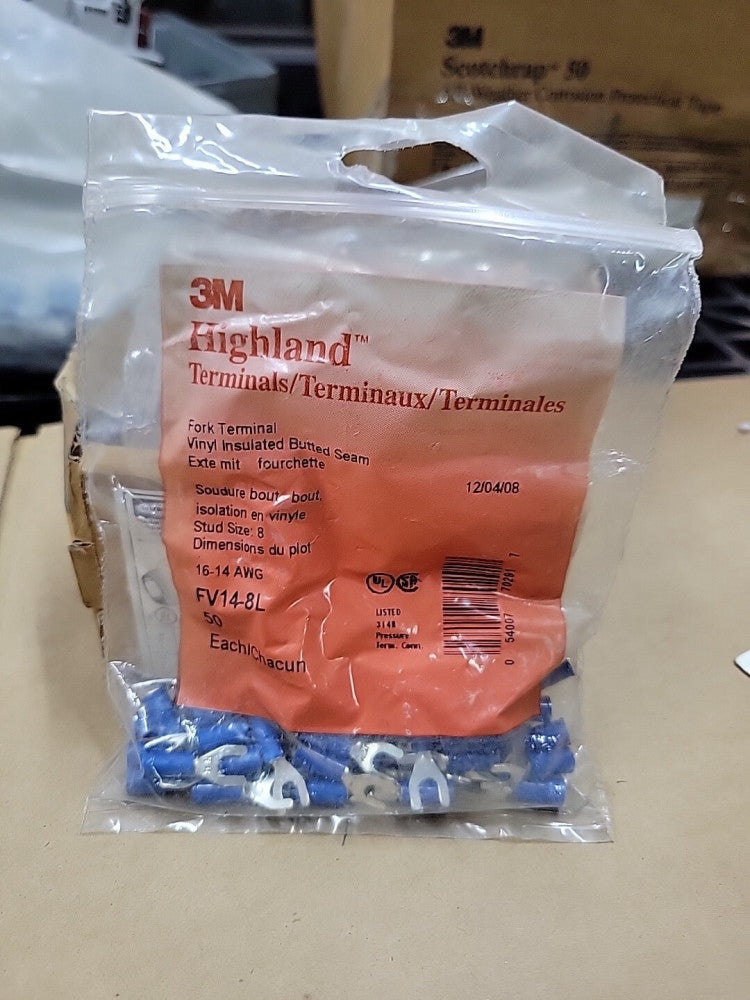 LOT OF 7 BAGS 3M Highland Vinyl Insulated Fork Terminal FV14-8Q, AWG 16-14,