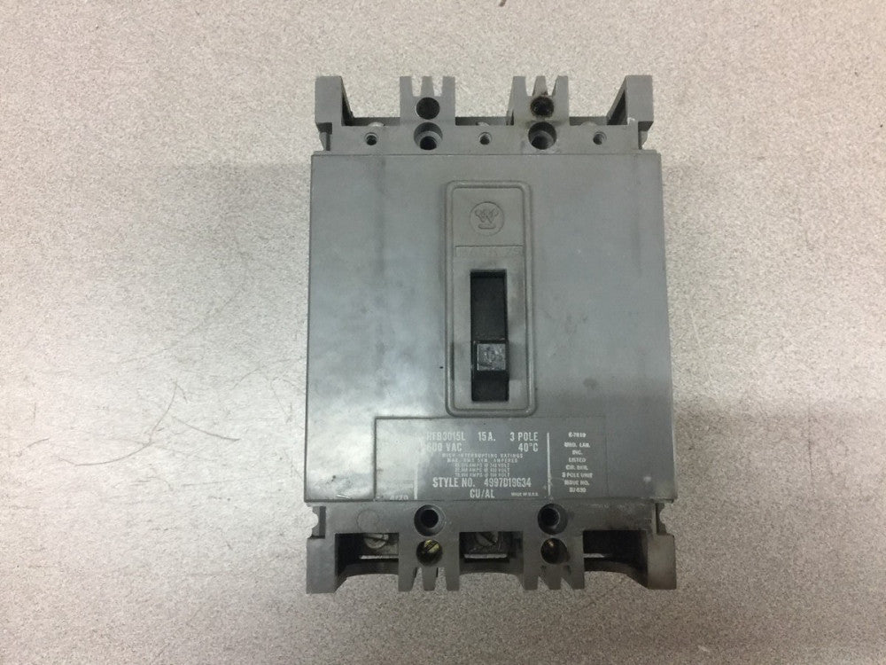 USED WESTINGHOUSE 15AMP 3POLE 600VAC BREAKER HFB3015L