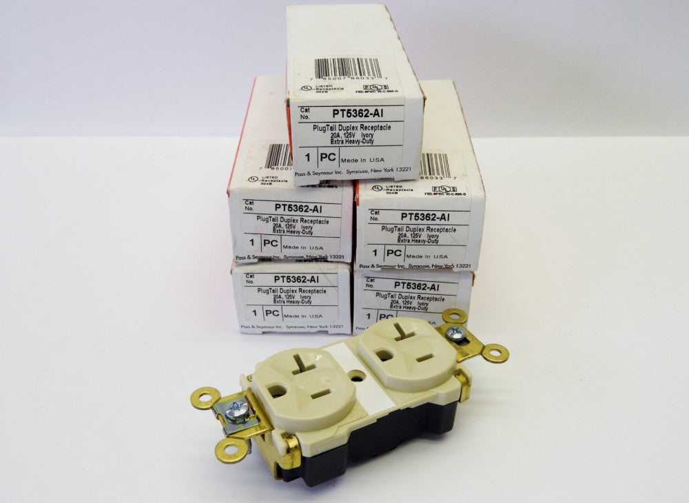 Lot of 5 Pass & Seymour Plug Tail Duplex Receptacle 20A 125V Ivory Heavy Duty