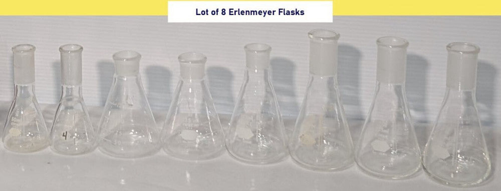 Lot of 8 Kimax (1 Pyrex) Erlenmeyer Flasks, 125ml (Qty 6), 50ml (Qty 2)