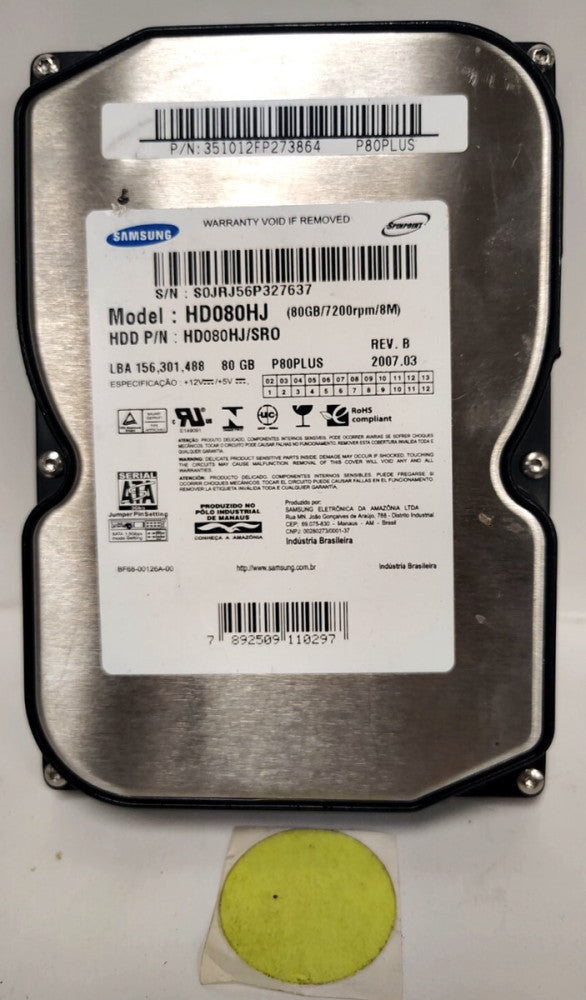SAMSUNG HARD DISK DRIVE 80GB 7200RPM HD080HJ/SR0
