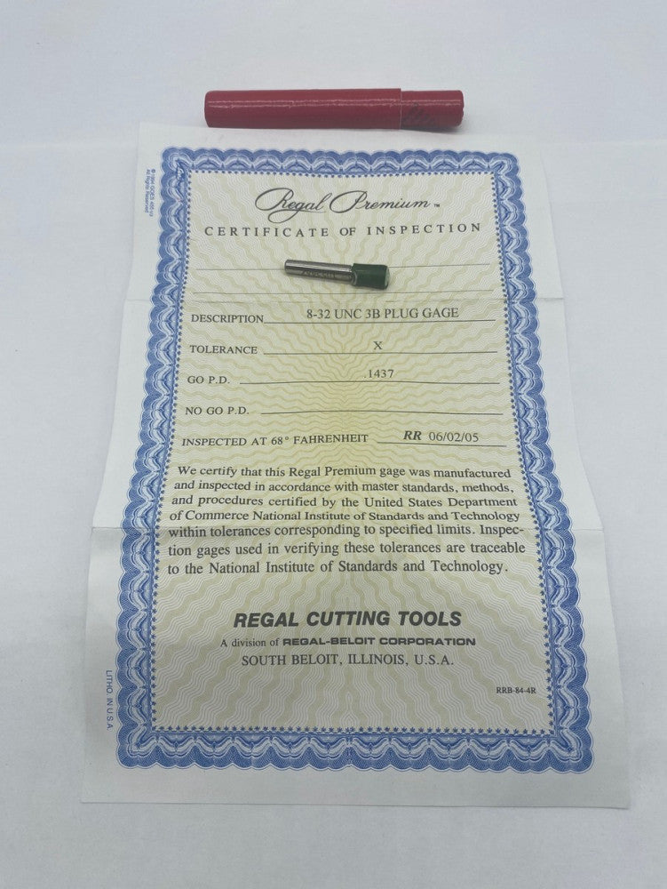 NEW Regal Cutting Tools 8-32 UNC 3B Go PD 0.1437 Thread Plug Gage 