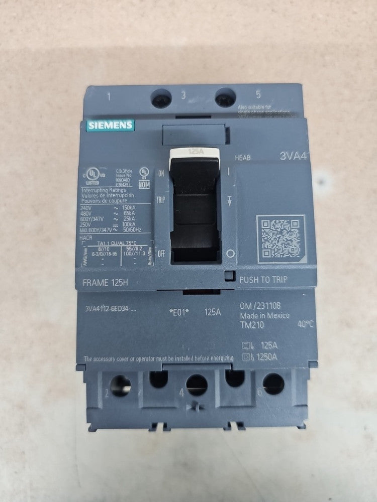 New Take Out Siemens 3VA4112-6ED34-0AA0 Bolt On Circuit Breaker 125A 600V 3P