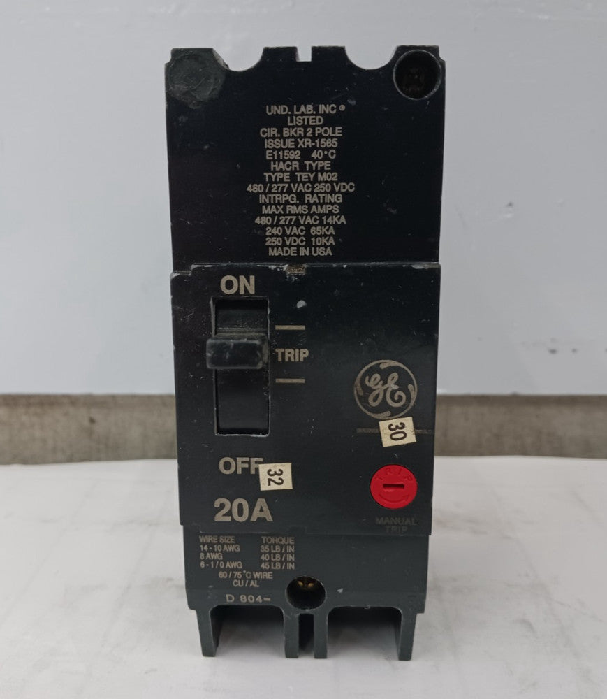 GE 20 AMP CIRCUIT BREAKER 2 POLE 480/277 VAC TEY220