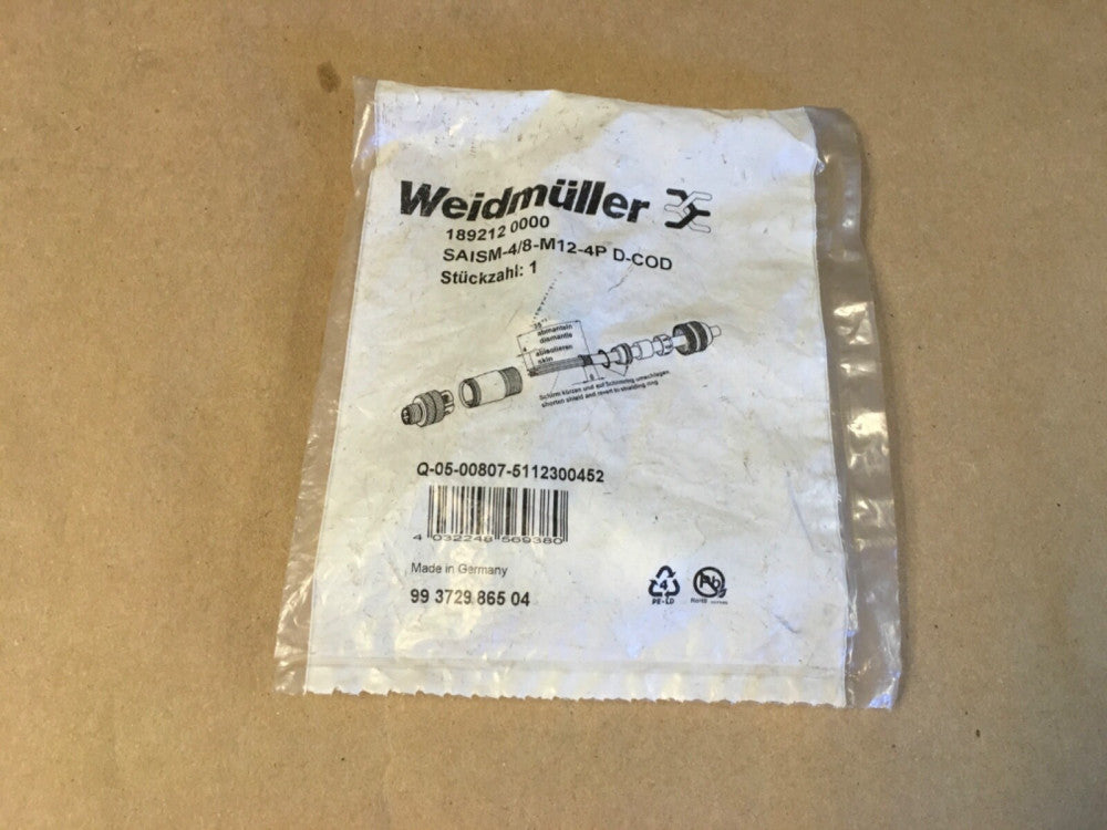 WEIDMULLER 189212 0000, SAI M12 PLUG, SHIELDED, SAISM-4/8-M12-4P D-COD  (KB)